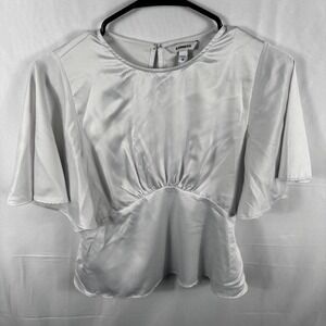Express White Satin Flutter Sleeve Cinched Waist Top